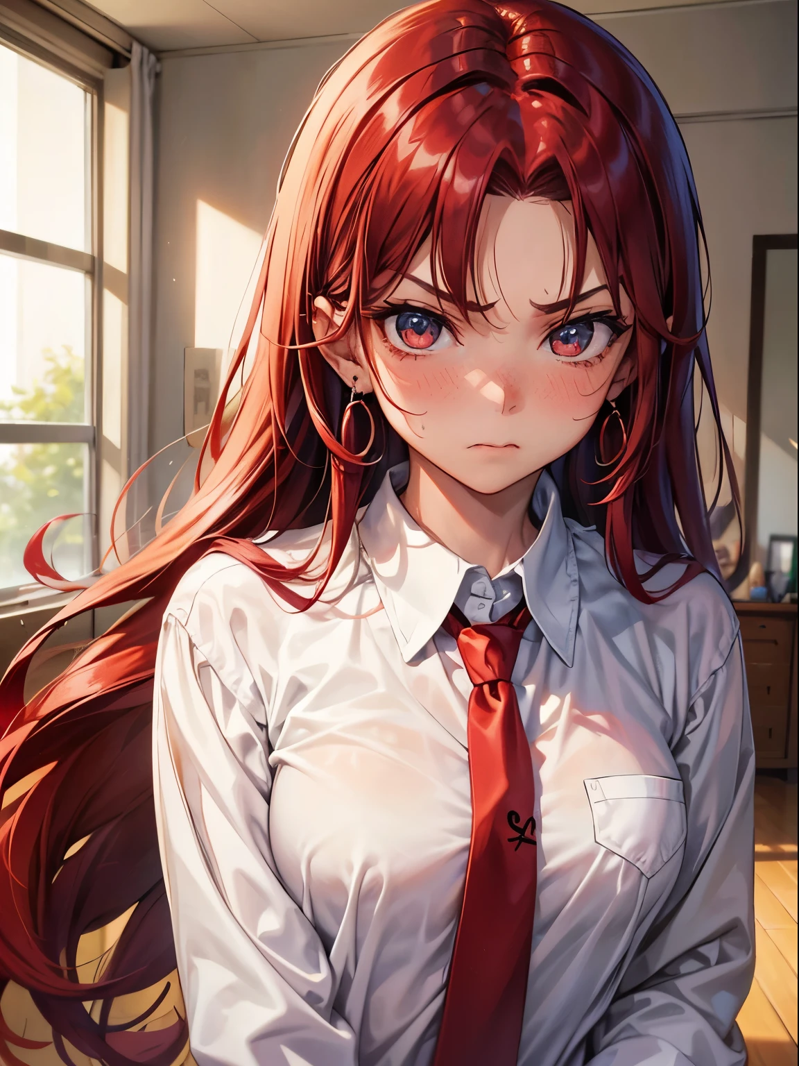 red hairs、Long hair、Bedroom、earringlushing:1.6), (sulking:1.3), Sweat on the cheekeautiful face), (Beautiful Girl), (Pretty girl), Innocent, Meet face to face clearly,white shirt、red necktie