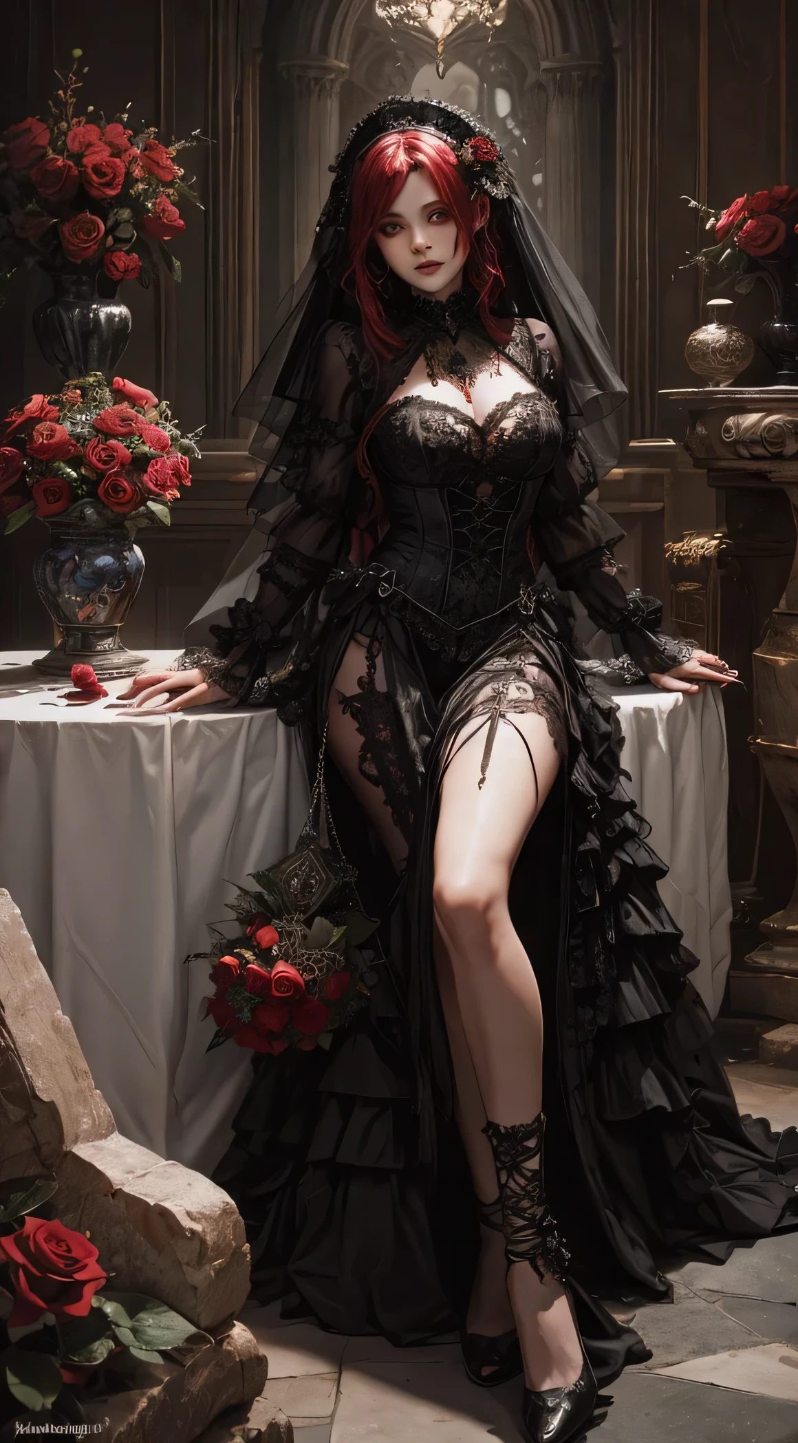 Gothic bride straight out of dark fantasy, red roses