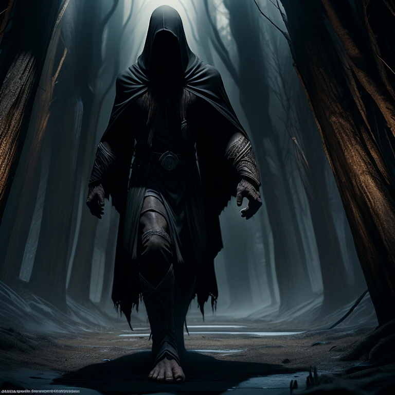 "A 3D rendering of Vorunar, a mysterious 7.5-foot figure with an ethereal presence. very Long limbs. Very Muscular. Draped in dark, tattered robes, his commanding build defies ordinary nimbleness. Hooded and masked, only bright, glowing yellowish irises intermittently visible. An unsettling, enigmatic air intensifies, leaving an enduring impression on those who discern his haunting elegance in the shadows."