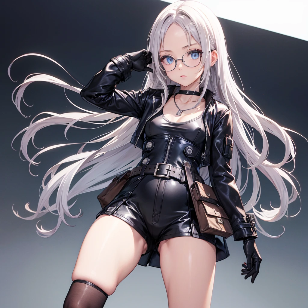 masutepiece,Best Quality, ((Forehead)),((White hair)),((longwavy hair)),((stylish glasses for blue eyes)),(((Very small breasts))),very slender figure,(slightly plump thighs),((40 years,)) ,1lady ,Solo,is standing,Full body ,a choker,黒いa choker ,cropped jackets,long-sleeve ,Black jacket ,Black leather shorts ,gloves ,Belt Pouch ,White background,Silver necklace