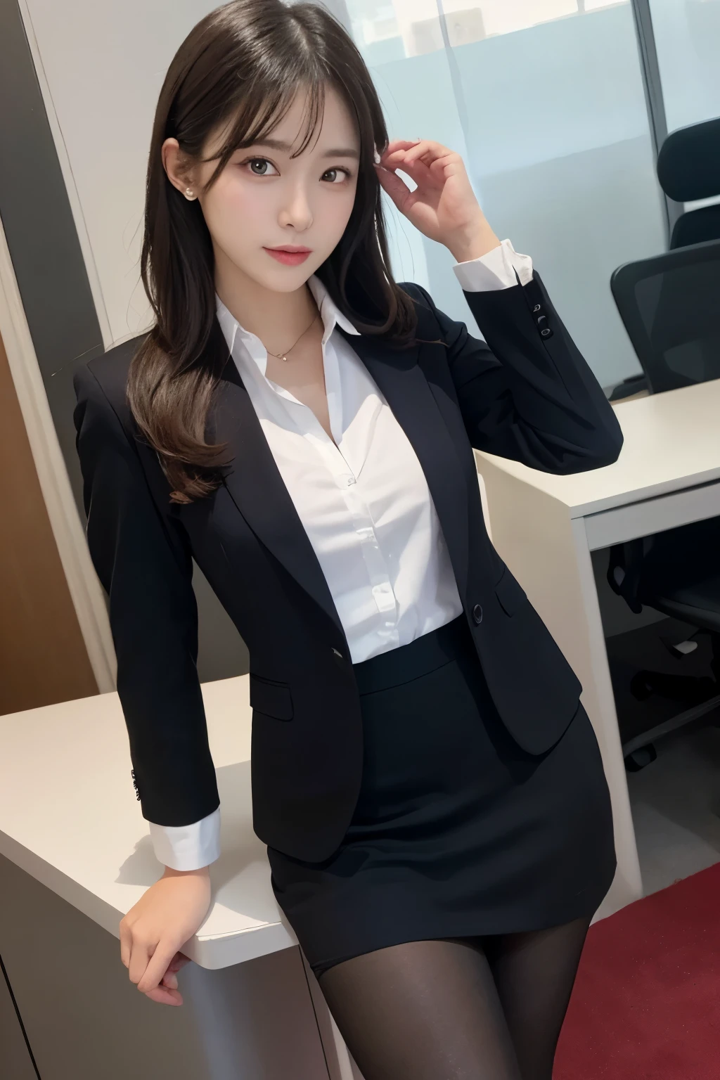 masutepiece, Best Quality, Illustration, Ultra-detailed, finely detail, hight resolution, 8Kんでウォールペーパー, Perfect dynamic composition, Beautiful detailed eyes, Natural Lip, 、Elegant upper class elite secretary in business shirt, working in an office、Wearing a strict business suit, Wear pantyhose、Wear high-end heels、 Girl in a shirt, Dressed in a suit, Dressed in a suit, Dressed in a suit, merchant, business clothes, wearing black suit, Wear shirts and skirts, Woman in a suit, Business attire, business outfit, Raw photo, (8K、top-quality、tmasterpiece:1.2)、(intricate detailes:1.4)、(Photorealsitic:1.4)、octane renderings、複雑な 3 d レンダリングUltra-detailed細, Studio Soft Light, Rim Lights, vibrant detail, super detailing, realistic skin textures, Detal Face, Beautiful detail eyes, Very detailed CG Unity 16k wallpaper, make - up, (detailedbackground:1.2), Naked on the thighs!!!,
