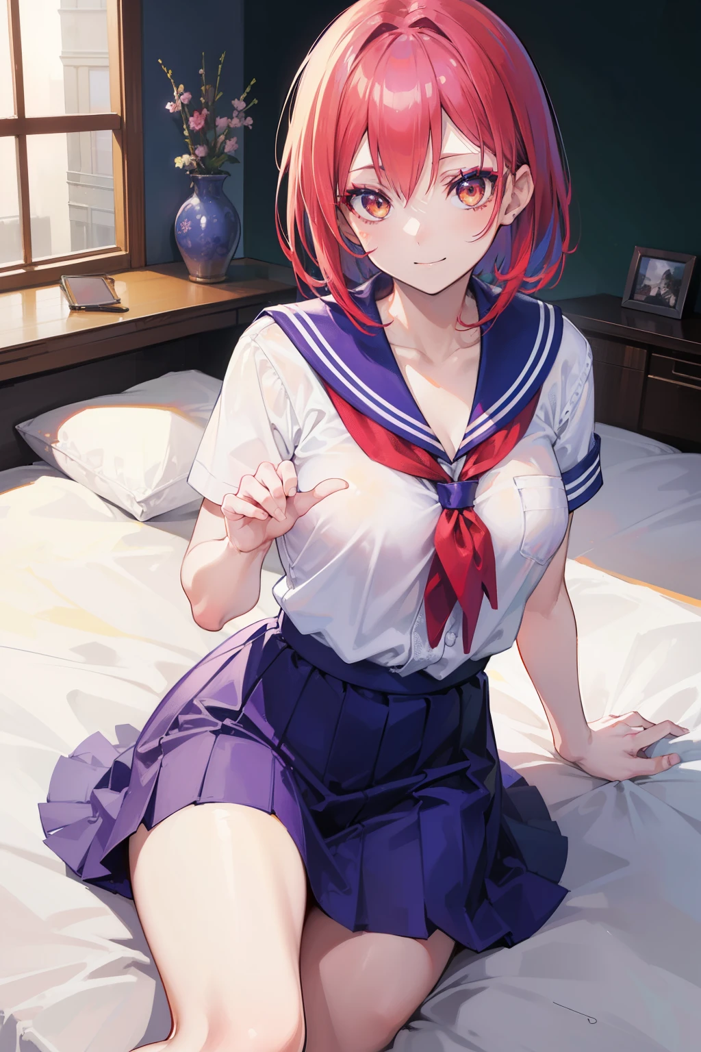 (masutepiece, Best Quality, High quality:1.4), Professional artwork, Intricate details, field of views, Sharp Focus, detailed paintings, photorealistic lighting, trending on pixiv, (Vibrant lighting, Vibrant colors:1.05), Realistic Shadows, Ambient Occlusion, Solo, Small, Indoors, Misaligned bra, T-back, (reach: 1.2), Lying down, From  above, Arms outstretched, Smile, bed, Rough breath, Sexual expression in the breast:1.4), red and blue hair, Yellow glowing eyes, makeup, Purple Lipstick, Schoolgirl, Japan School Dress, [[Delicate fingers and hands:0.55]::0.85],(Detail fingers), (Perfect hands, 5 fingers), SFW