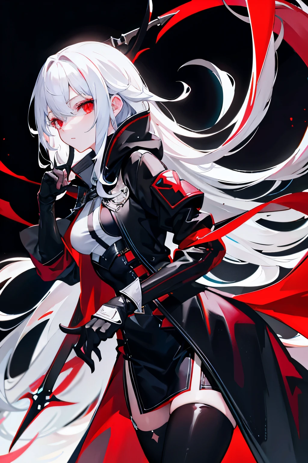 1girll，nightcity，Sateen，Large coat，hoods，assassins，white color hair，Long straight hair，daggers，stockings，Beautiful details of glowing red eyes，super high precision