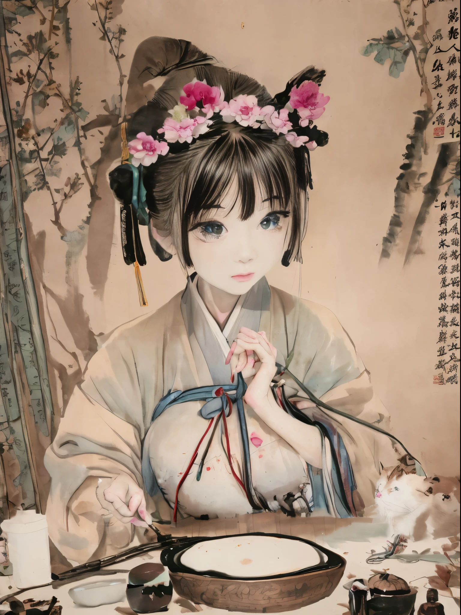 a close up of a full colour painting of people in a landscape, ancient chinese beauties, qing dynasty painting, by Wang Lü, su fu, mu pan, by Lü Ji, song dynasty, ancient china art style, chinese painting, robed figures sat around a table, by Wang Hui, by Yun Du-seo, old chines painting, traditional chinese painting, holding a cat, lace,