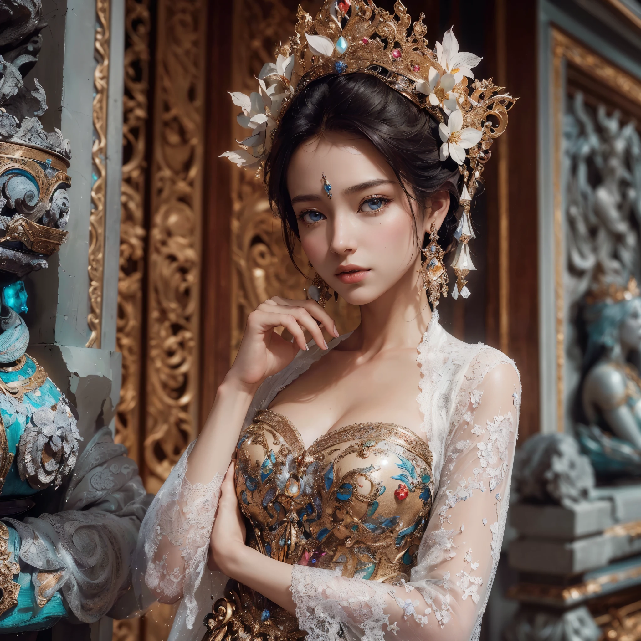 generate a lady with ((gigantic breast:1,9)), wearing tight luxury transparent kebaya, luxury bustier sexy transparent corset, batik tight long skirt and sanggul hair, slim waist, propotional body, standing in front of candi, she is kissing a man who wewr tuxedo, her aura is really beauty, make the picture looks so lovely, masterpiece, full body picture, hyperdetail, 8k, ambient effect, digital effect