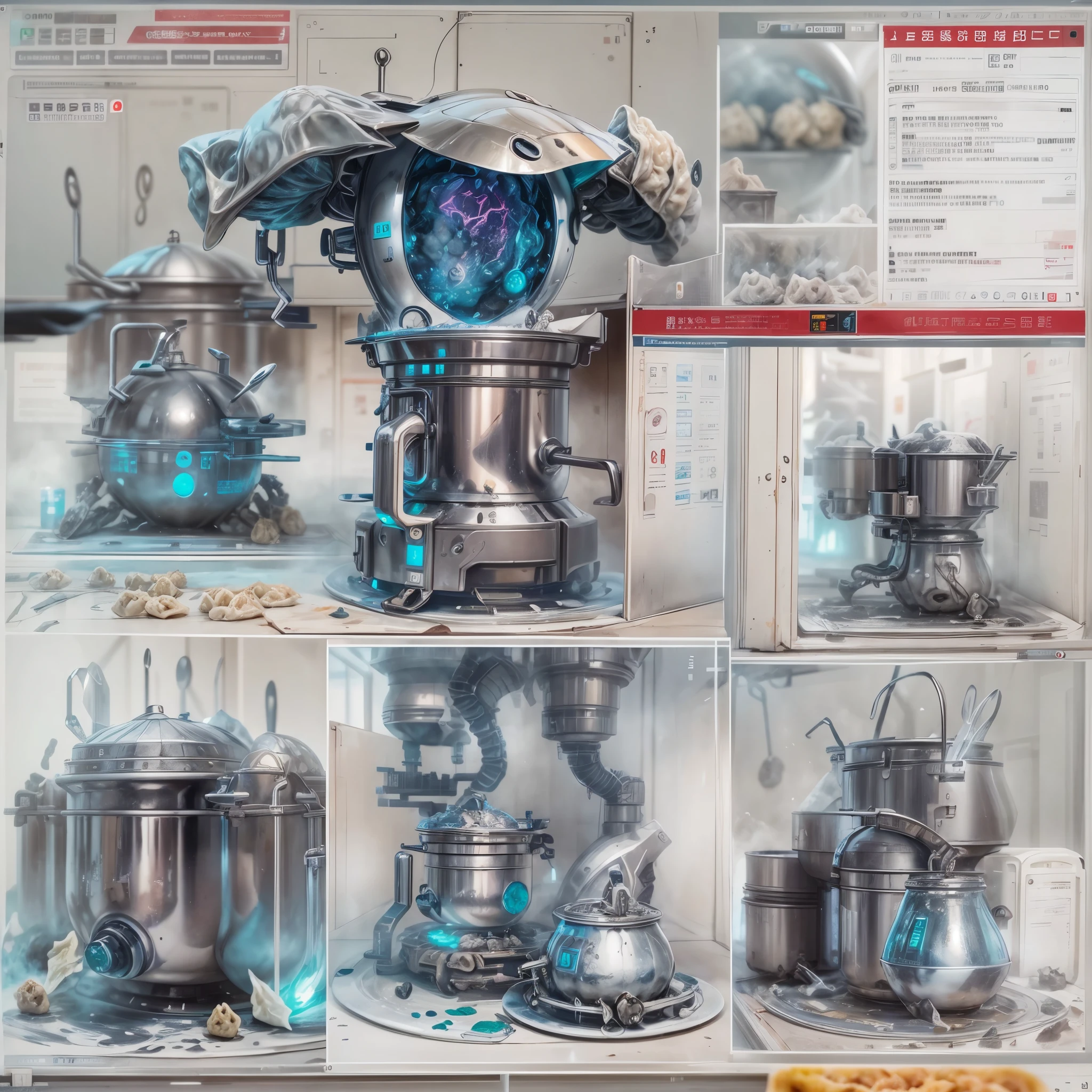 Enter the food factory,(droid),(A plate of dumplings, crescent:1.8),(Futuristic atmosphere),((droid,large tall,Silver metal body,Flashing blue LED light,Human-like dexterity)),precise,The Arm,Equipped with,precision tools,sensor,大trabalhado台,Crescent dumplingillings,skilled,放置Fillingast,precise的动作,Perfect foldackground with,conveyor belt,运输新鲜的Crescent dumplingillings,Get materials,放置包装好的Crescent dumplings,Large steamer,blueglow,蒸煮Crescent dumplinguturistic atmosphere,droid,trabalhado,highly efficient,factory wall,Display Data,schematics,Monitor production process,nooks,large screens,展示droid设计,trabalhado流程,Demonstrate technology,innovative,(best qualtiy,k hd,tmasterpiece,ultra - detailed,1.4x realism,UHD,Ultra-fine oil painting,Sharp focus,physically-based renderingt,extreme detail description,professinal,brightcolors)