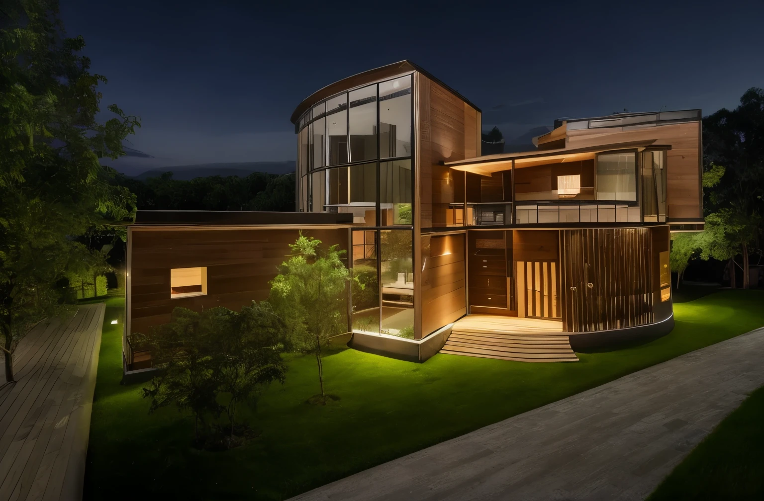 villa modern , luxury, natural, beautiful night, grass, glass, wood, brick
