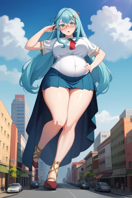 Giant maiden，Moe two-dimensional style，Pregnancy status，Round belly, Huge breasts, Thick thighs, Thicc，Gaze at the bustling city, Lying down, Burp, Burping, Really loud Burp, Glasses, Office uniform, Embarrassed, Full body