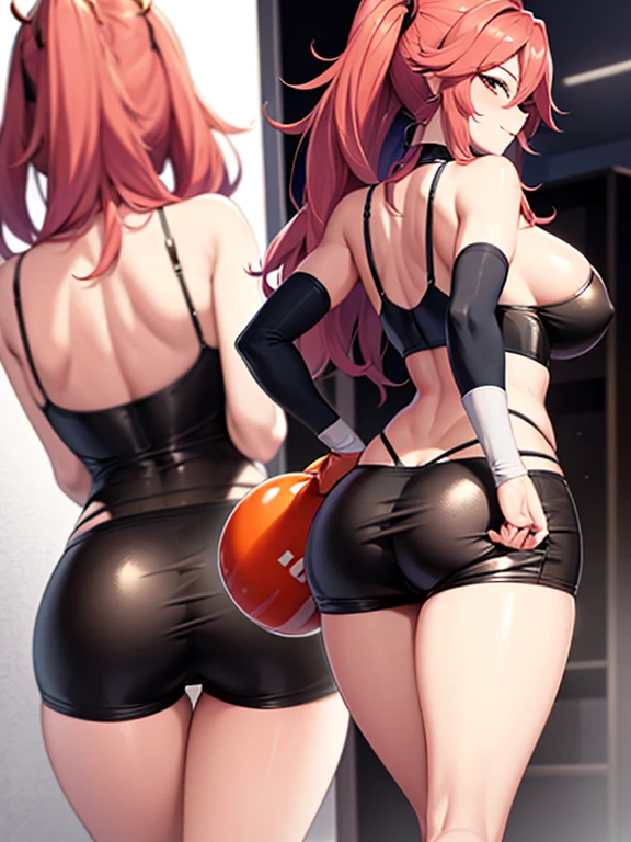 A very busty android 21 doing some sexy from behind views posing as a Hooters boxing girl in some tight booty shorts and boxing gloves just before she strips and goes into the shower room