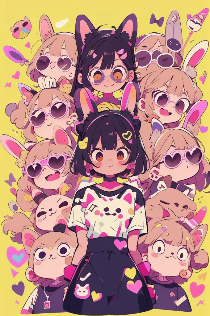Cute bunny, sunglasses, wearing T-S hirt, emoji pack, 9 emojis, emoji sheet, multiple poses and emotes, anthropomorphic style, different emotions, multiple poses and emotes, 8k