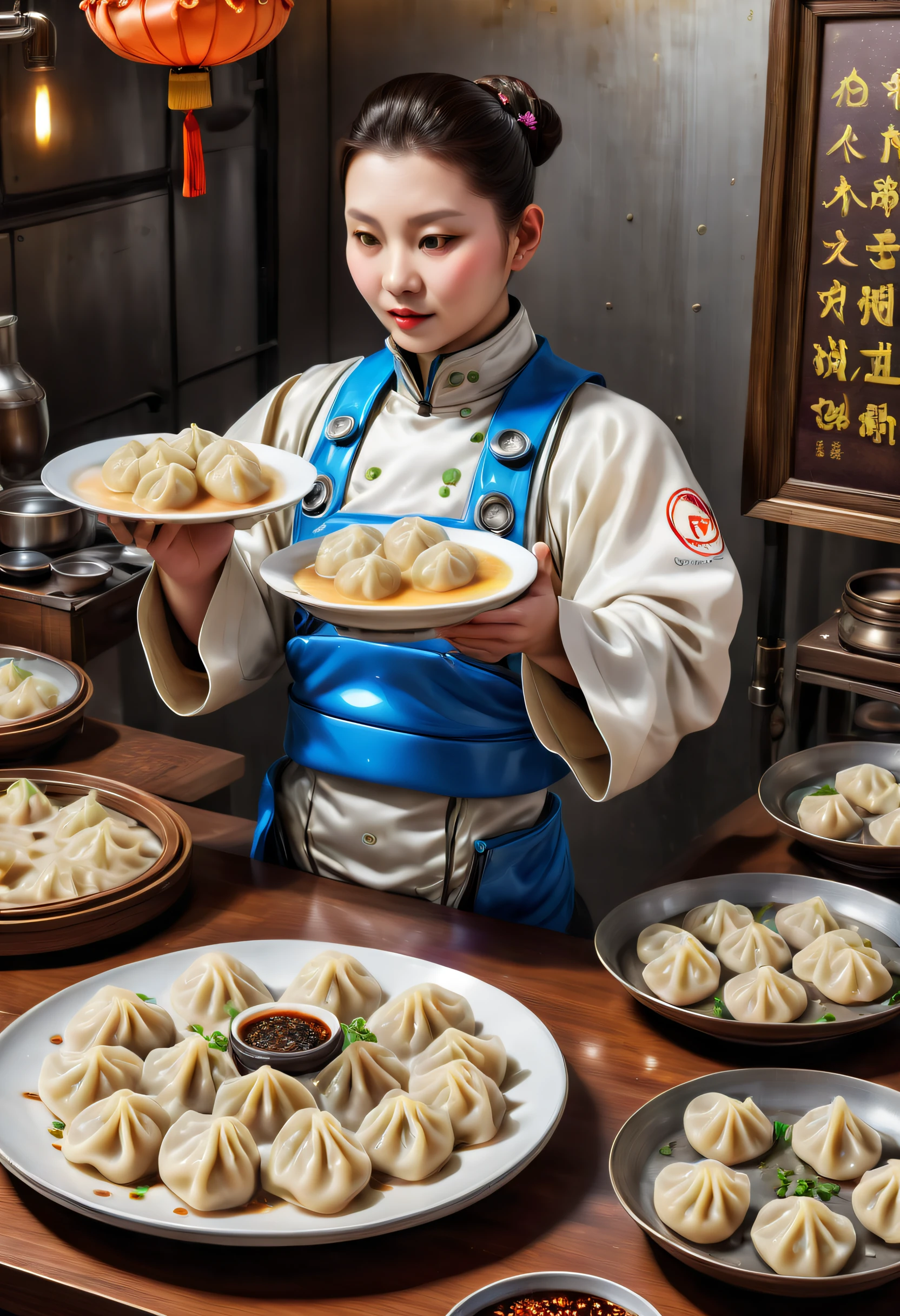 Advanced food factory，droid，(A plate of dumplings, New Moon:1.8)，A breath of the future，droid，Otaka，Silver metal body，Flashing blue LED light，human-like dexterity，Precise，The Arm，Equipped with，precision tools，sensor，大Travagliado台，New Moon饺子，Skillful，place filling，Precise的动作，perfect fold background，conveyor，运输新鲜的New Moon饺子，Get materials，Place the packaged crescent moon dumplings，large steamer，blueglow，The gourmet atmosphere of steamed crescent moon dumplings，droid，Travagliado，High efficiency，factory wall，Display Data，Schematic diagram，Monitor production process，nooks，large screens，展示droid设计，Travagliado流程，Demonstrate technology，Innovative，（Best quality，k hd，tmasterpiece，ultra - detailed，1.4x more realism，超k hd，Super fine oil painting，Focus sharp，physically-based renderingt，Extremely detailed description，professional，vivd colour）