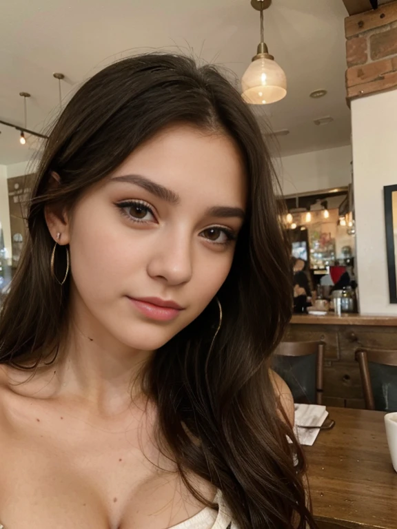 Photo of a 20 year old brunette woman, that has a very natural face, thin lips, thin eyes, thin eyebrows, thin nose, earrings, long eyelashes. She makes a cute selfie in a cafe