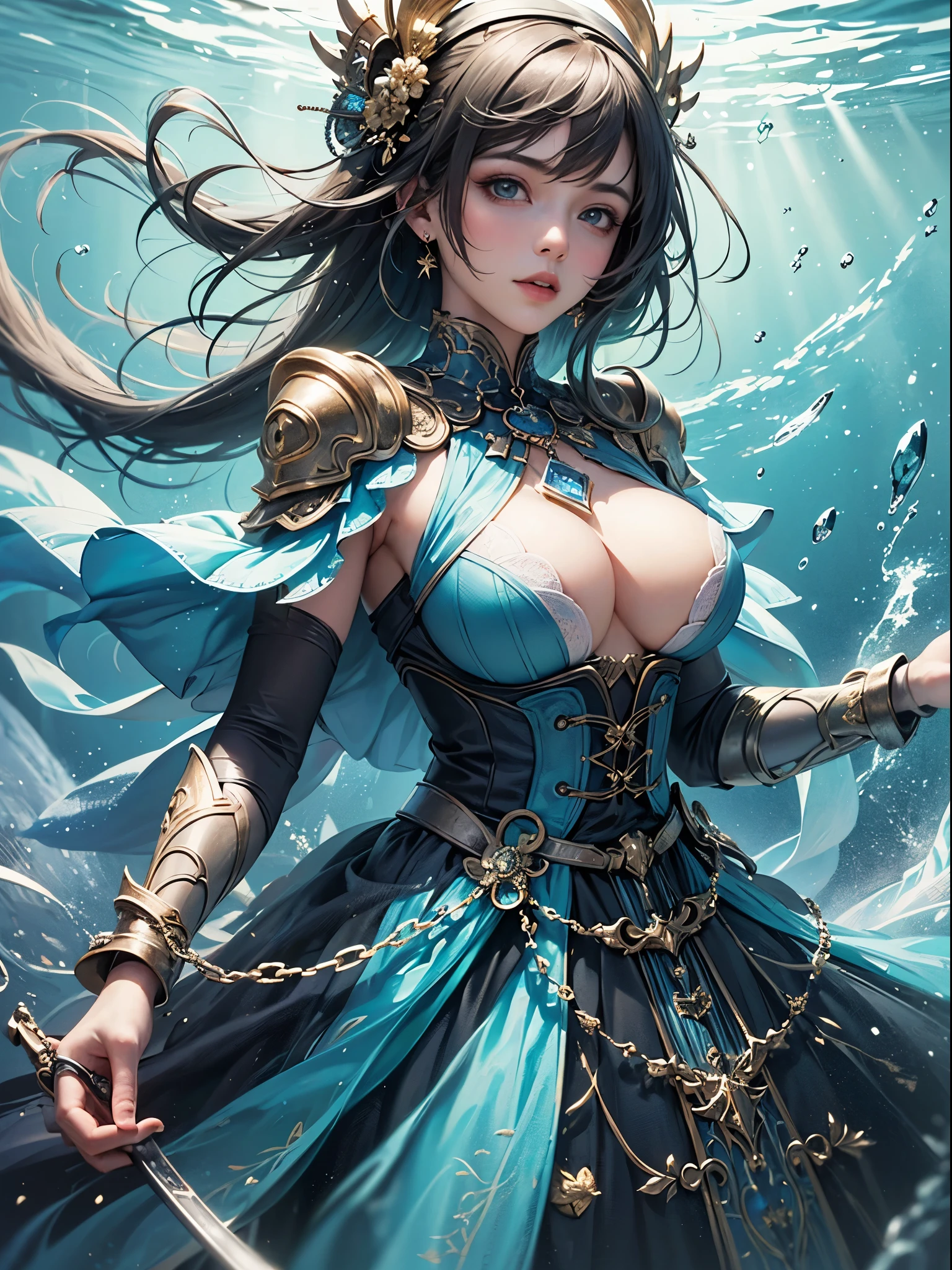 art, Unity 8k壁纸, Ultra-detailed, Beautiful and aesthetically pleasing, (s fractal art: 1.3), flower, girls, (Hairstyles: Long hair) Ocean, Extremely detailed, Cowboy shot, The most beautiful, Seafoam, Buble, cute big breasts, ultra quality, random background, random dress, --auto --s2