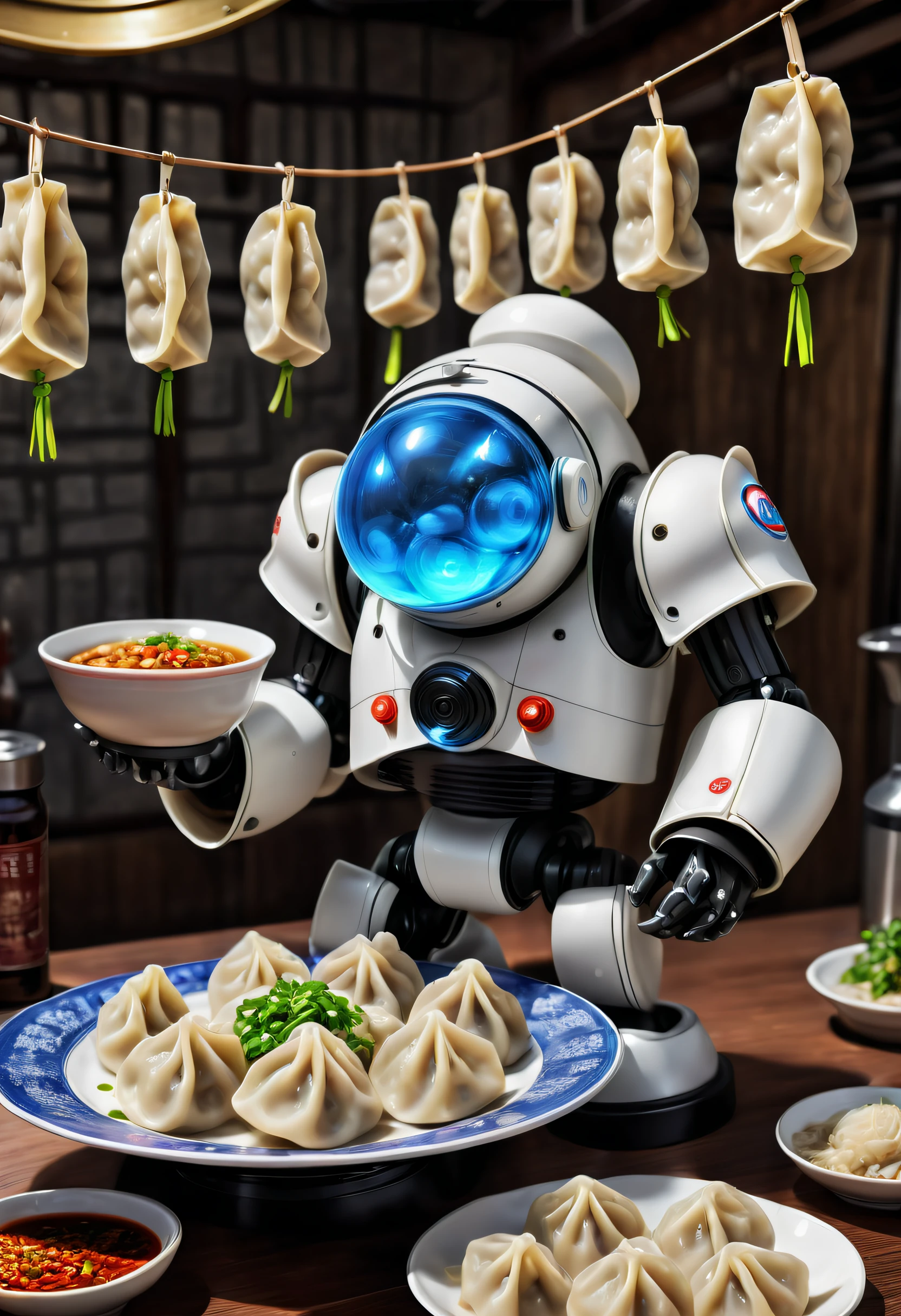Advanced food factory,droid,(A plate of dumplings, New Moon:1.8),A breath of the future,droid,Otaka,Silver metal body,Flashing blue LED light,human-like dexterity,Precise,The Arm,Equipped with,precision tools,sensor,大Travagliadompling wrapperillings,Skillful,place filling,Precise的动作,perfect fold background,conveyor,Shipping fresh dumpling wrappers,Get materials,Put the wrapped dumplings in,large steamer,blueglow,Steamed dumplings gourmet atmosphere,droid,Travagliado,High efficiency,factory wall,Display Data,Schematic diagram,Monitor production process,nooks,large screens,展示droid设计,Travagliado流程,Demonstrate technology,Innovative,(Best quality,k hd,tmasterpiece,ultra - detailed,1.4x more realism,超k hd,Super fine oil painting,Focus sharp,physically-based renderingt,Extremely detailed description,professional,vivd colour)