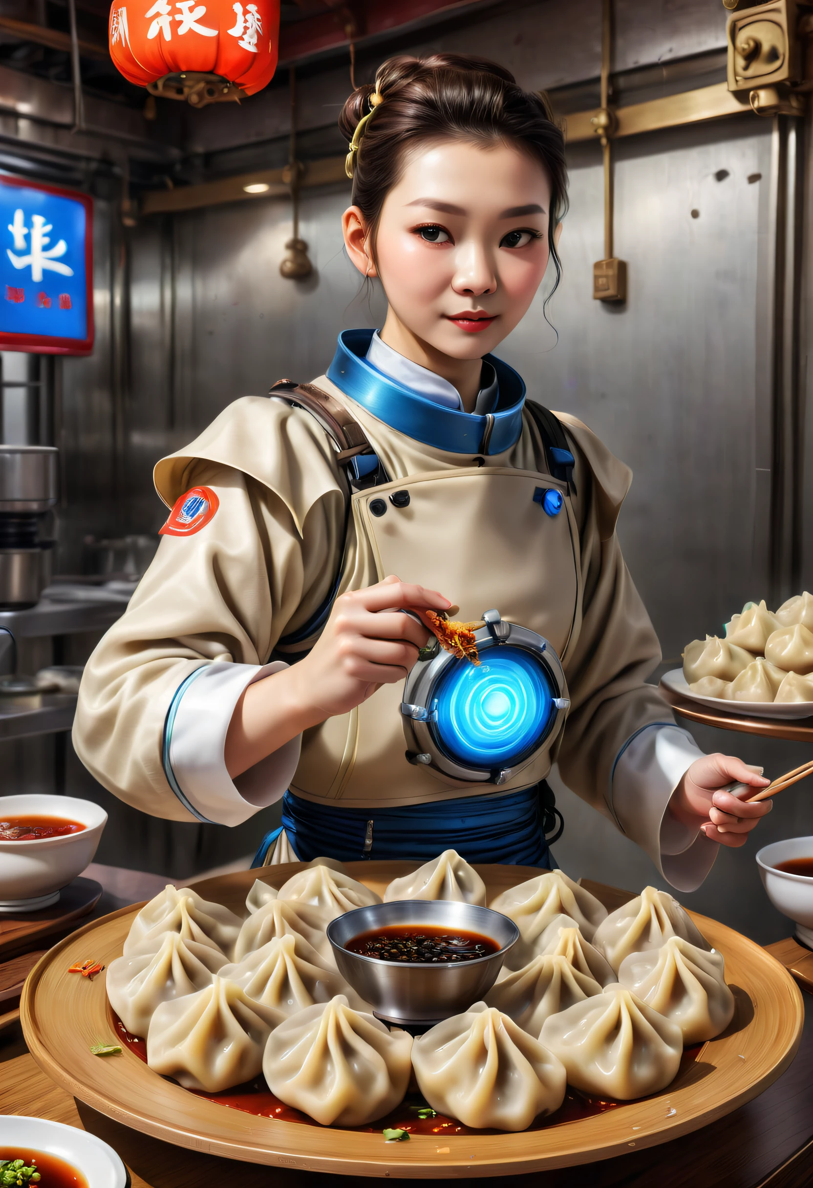 Advanced food factory，droid，(A plate of dumplings, New Moon:1.8)，A breath of the future，droid，Otaka，Silver metal body，Flashing blue LED light，human-like dexterity，Precise，The Arm，Equipped with，precision tools，sensor，大Travagliadompling wrapperillings，Skillful，place filling，Precise的动作，perfect fold background，conveyor，Shipping fresh dumpling wrappers，Get materials，Put the wrapped dumplings in，large steamer，blueglow，Steamed dumplings gourmet atmosphere，droid，Travagliado，High efficiency，factory wall，Display Data，Schematic diagram，Monitor production process，nooks，large screens，展示droid设计，Travagliado流程，Demonstrate technology，Innovative，（Best quality，k hd，tmasterpiece，ultra - detailed，1.4x more realism，超k hd，Super fine oil painting，Focus sharp，physically-based renderingt，Extremely detailed description，professional，vivd colour）