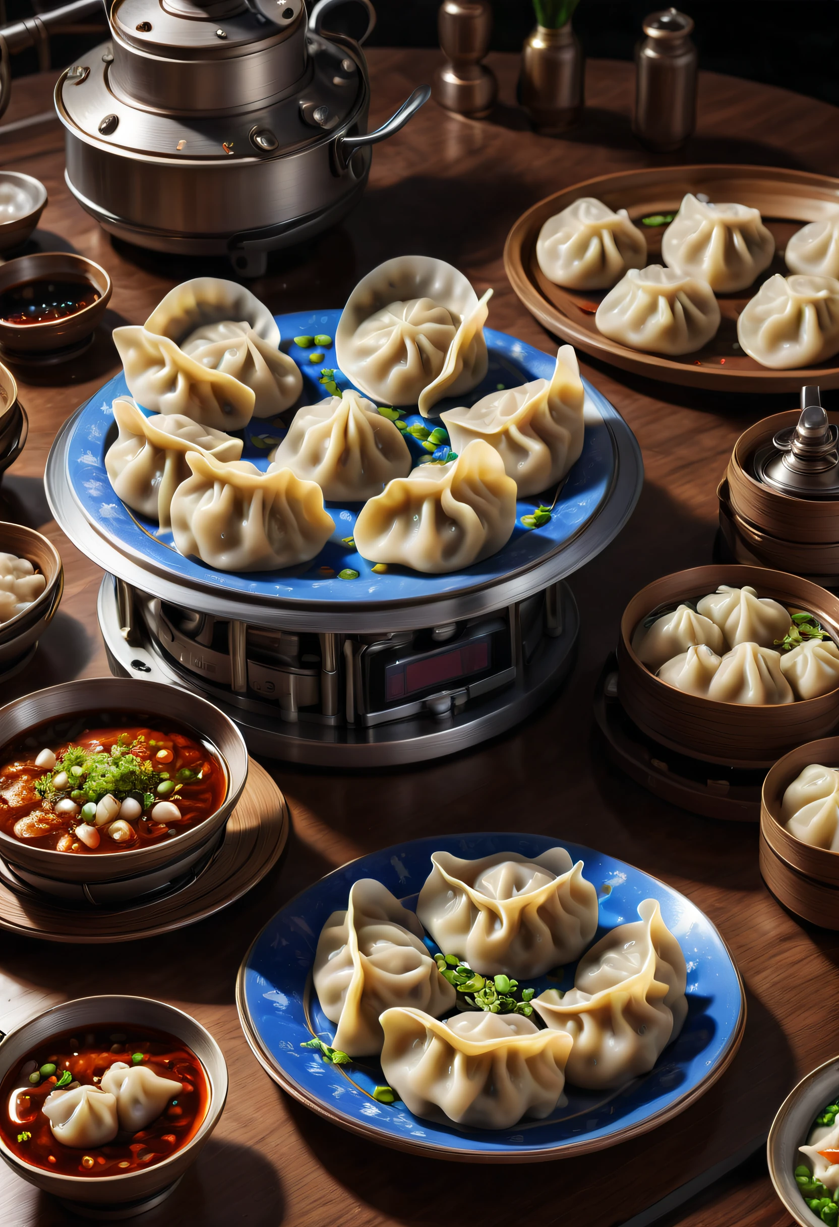 Advanced food factory,droid,(A plate of dumplings, New Moon:1.8),A breath of the future,droid,Otaka,Silver metal body,Flashing blue LED light,human-like dexterity,Precise,The Arm,Equipped with,precision tools,sensor,大Travagliadompling wrapperillings,Skillful,place filling,Precise的动作,perfect fold background,conveyor,Shipping fresh dumpling wrappers,Get materials,Put the wrapped dumplings in,large steamer,blueglow,Steamed dumplings gourmet atmosphere,droid,Travagliado,High efficiency,factory wall,Display Data,Schematic diagram,Monitor production process,nooks,large screens,展示droid设计,Travagliado流程,Demonstrate technology,Innovative,(Best quality,k hd,tmasterpiece,ultra - detailed,1.4x more realism,超k hd,Super fine oil painting,Focus sharp,physically-based renderingt,Extremely detailed description,professional,vivd colour)