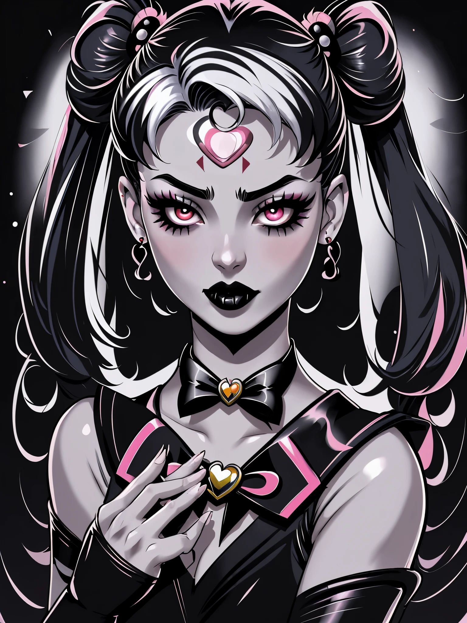 masterpiece, best quality, 1girl, gothic, black lips, solo, black hair, makeup, twin tails, hair buns, (sailor moon), half-cycle, correct hands, proportional fingers, detailed hands, detailed face, detailed body, multicolored white hair, bangs, eyeshadow, tattoos,  hair bow, bow, lipstick, two-tone hair, black background, ultra-detailed, professional, bokeh, hentai, illustration, vivid colors, portraits, sharp focus, horrified color palette, dramatic lighting