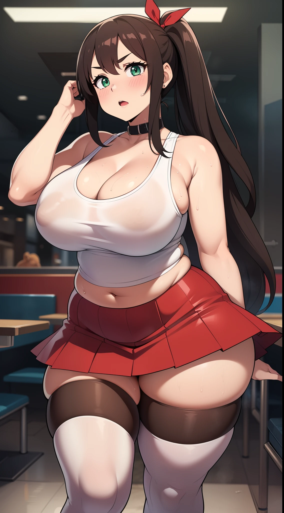((Masterpiece)), perfect anatomy, perfect shading, field of depth, (best quality), extremely delicate and beautiful, perfect lighting, detailed face, ultra cute face, cute, (cowboy shot 1.2) , looking at viewer, full body, (((1girl))), (((solo))), cheerleader

 long hair, fluffy hair, brown hair, pony tail, green eyes, (((blush))), nervous, (cheerleader uniform), (white tank top 1.2), (short section red skirt 1.2), thigh highs, chocker, extremely tight clothes, large breasts, cleavage, perky breasts, (wide hips), (thick thighs), pudgy,

 fast food restaurant, intricate background, detailed background, sweaty,