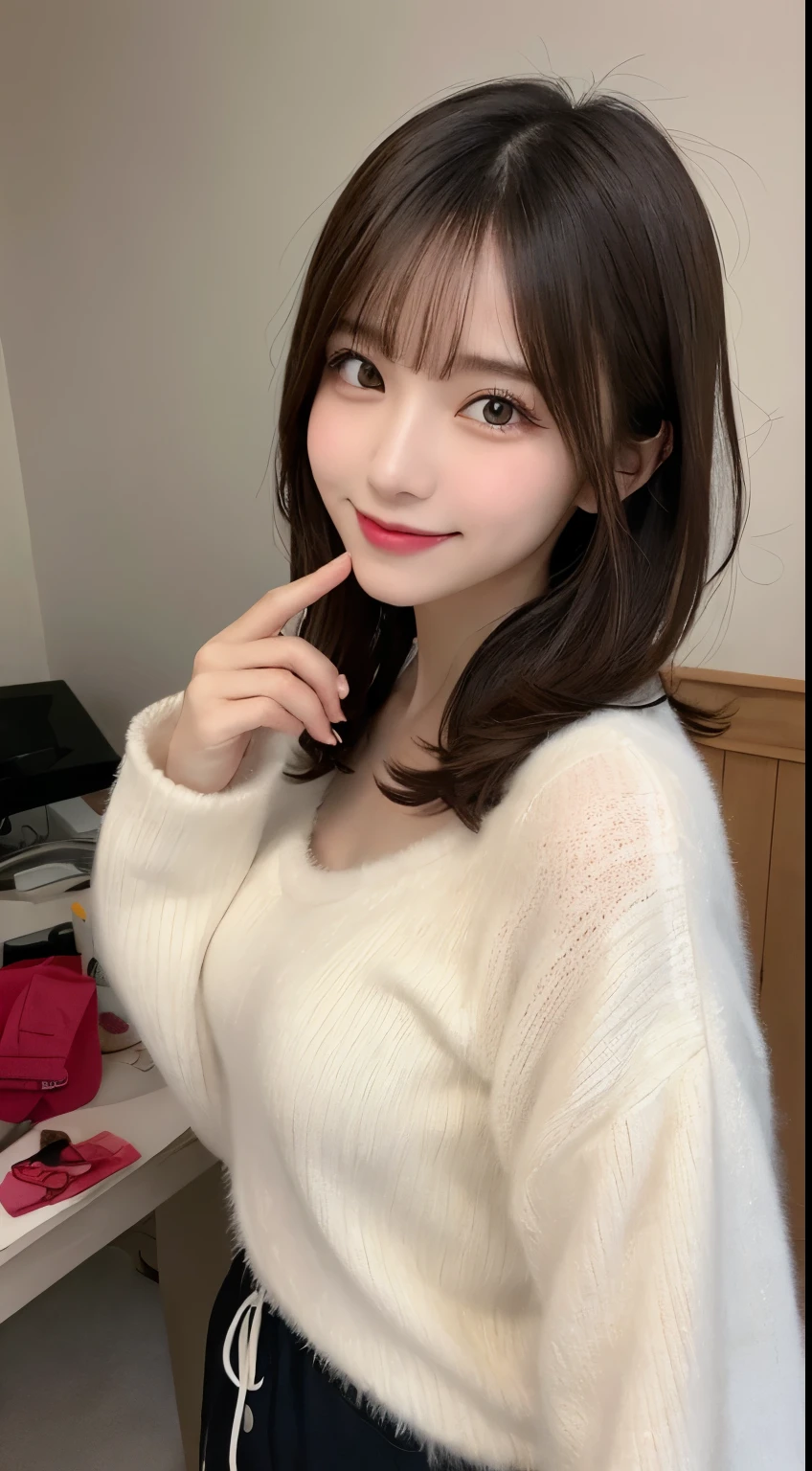 masutepiece, Best Quality, Illustration, Ultra-detailed, finely detail, hight resolution, 8K Wallpaper, Perfect dynamic composition, Beautiful detailed eyes, fluffy winter clothes,Medium Hair,small tits,Natural Color Lip, Bold sexy poses,Smile,Home()a room、20 years girl、Cute、Sexy shot looking at camera