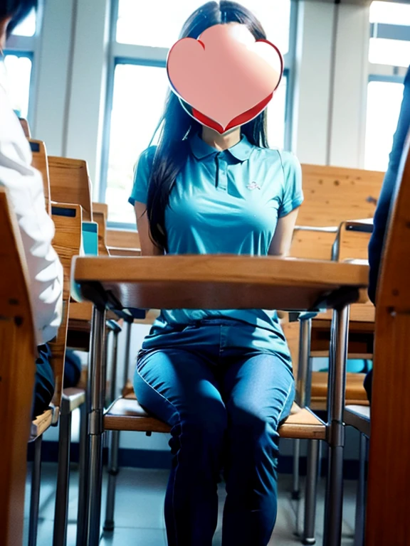 Best quality, Masterpiece, 超高分辨率, Photorealistic, The class was full of 13-year-old junior high school girlully body photo,Close-up of the crotch,Mushroom hairstyle,Black hair refracted by light,exquisite and beautiful face,Manifestations of urgency to urination,Busty girl,Blue collar white tights,The E cup sticks out tightly(),Vacuum-loaded,((Light blue yoga pants)),Cystocele,The shape is visible,slightly thicker thighs,Legs crossed tightly,(((The school forced all girls to hold their urine for 2400 ml for 24 hours))),Sit obediently in a chair in the classroom