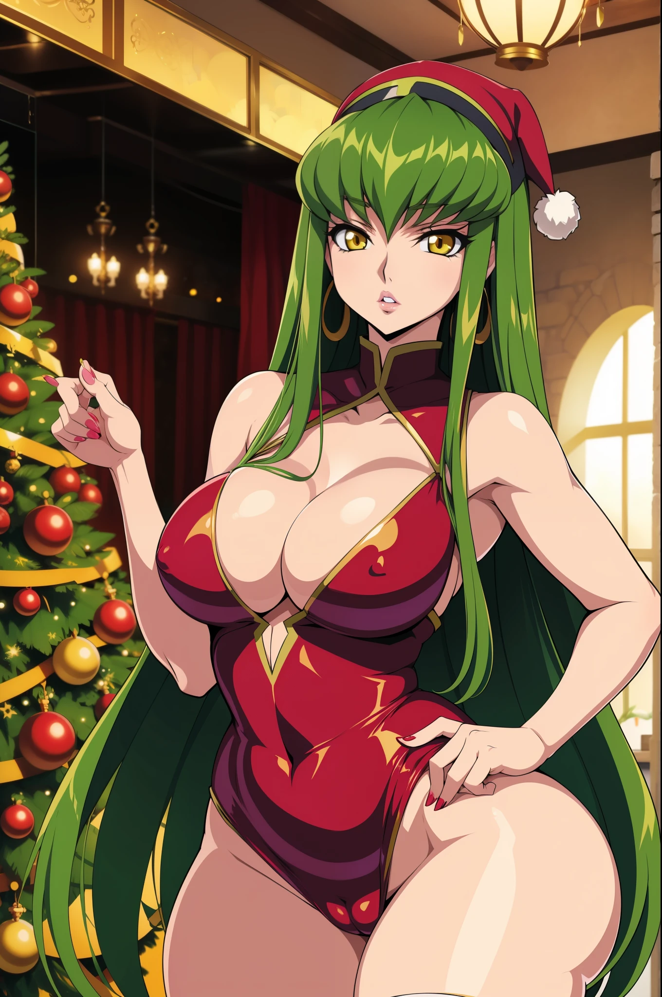 Code Geass, C.C, 1girl, (((bimbo))), long green hair, yellow eyes, ear rings, puffy lips, painted lips, thick lips, wide hips, thick thighs, small breast, huge ass, revealing cleavage, bubble butt, camel toe, Breasts, Christmas outfit, Christmas, house, Christmas tree