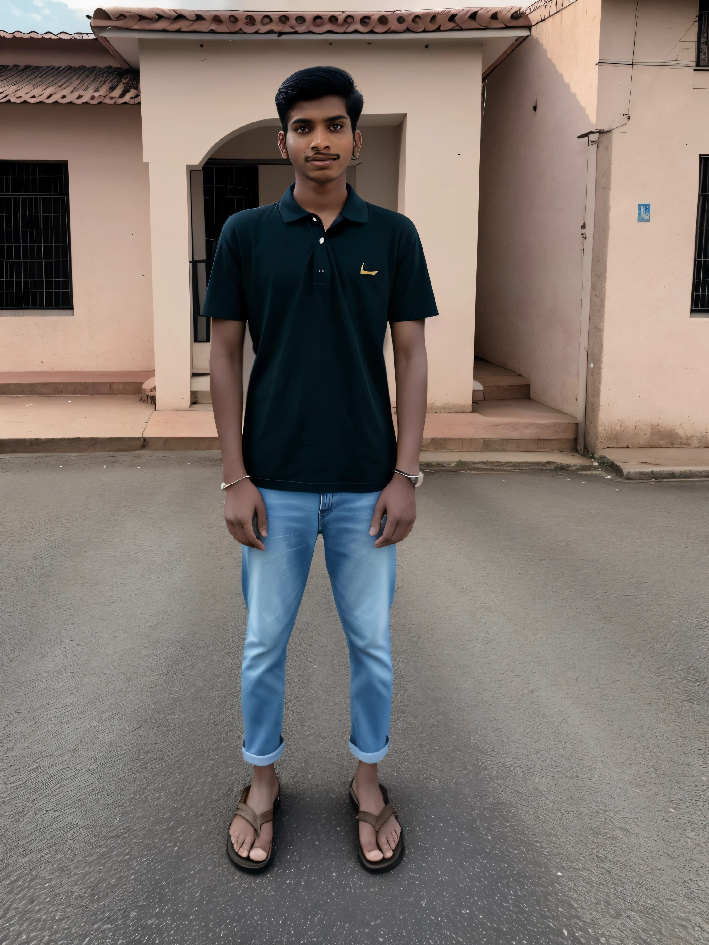 there is a man standing on a road in front of a house, jayison devadas, full body picture, distant full body view, full body photograph, jayison devadas style, long full body shot, around 1 9 , full body photogenic shot, full body portrait shot, full body photgraph, portrait full body, full body frontal view