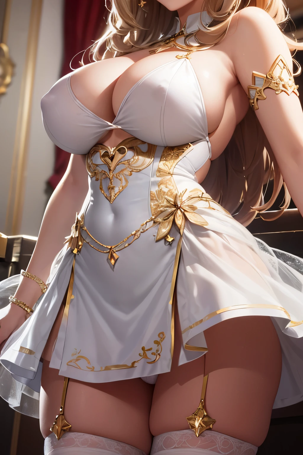 (Close Shot, Best Quality:1.5, hight resolution, nffsw, 4K, Detailed Lighting, shaded blonde straight hair, White princess dress, thighs thighs thighs thighs, Stockings, Smiling, Bedroom background, tiarra