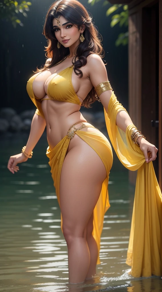 Raveena Tandon, young, beautiful, completely naked, wearing no clothes, just holding not wearing properly,  a loose yellow saree over her naked body, completely drenched in rain, wet, above average breasts, cleavage visible, smiling,upper body, (rear view:1.2), butt cleavage visible visible , closeup