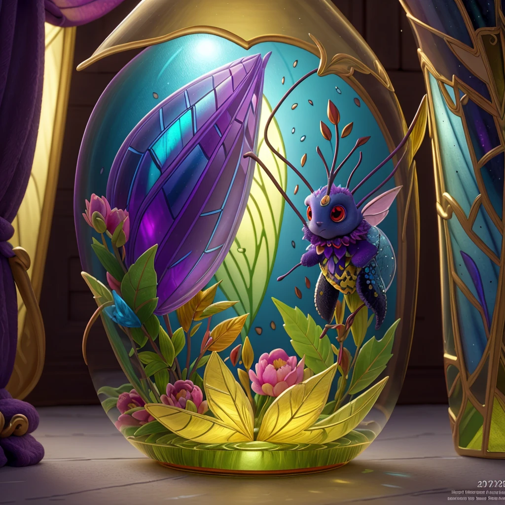 triadic colors, cinematic, official art, close fairytale transparent glass moth ruby peony flowers, ice hoarfrost, baroque, Craola, highly detailed stained glass wings, amethyst crystals, labradorite iridescent crystals, Andy Kehoe, John Blanche, complex highly detailed background, child book detailed illustration, fantasy, filigree, filigree detailed, intricated, cute