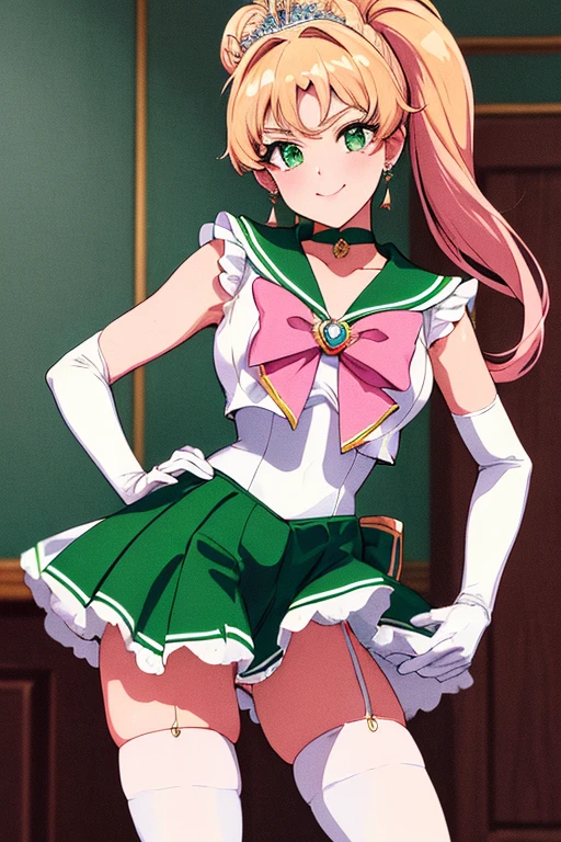masterpiece, best quality, highres, hmjupiter, green eyes, ponytail, tiara, jewelry, sailor senshi uniform, green sailor collar, choker, elbow gloves, white gloves, pink bow, brooch, leotard, green skirt, cowboy shot, smile, 1990s \(style\), hand on hip, thighhighs stockings
