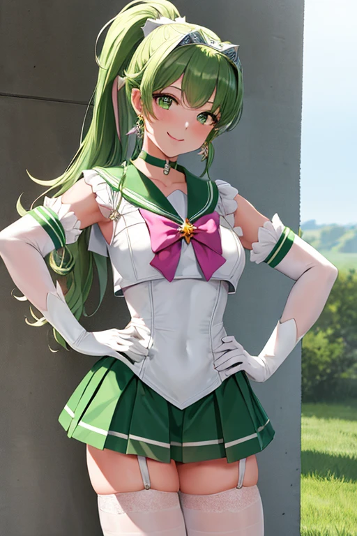 masterpiece, best quality, highres, hmjupiter, green eyes, ponytail, tiara, jewelry, sailor senshi uniform, green sailor collar, choker, elbow gloves, white gloves, pink bow, brooch, leotard, green skirt, cowboy shot, smile, 1990s \(style\), hand on hip, thighhighs stockings