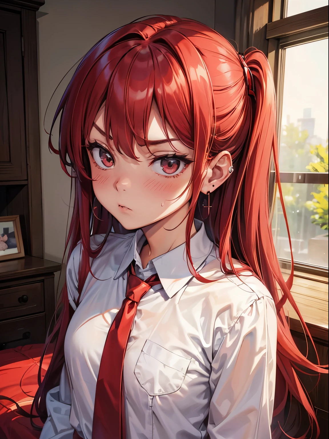 red hairs、Long hair、Bedroom、earringlushing:1.6), (sulking:1.3), Sweat on the cheekeautiful face), (Beautiful Girl), (Pretty girl), Innocent, Meet face to face clearly,white  shirt、red necktie