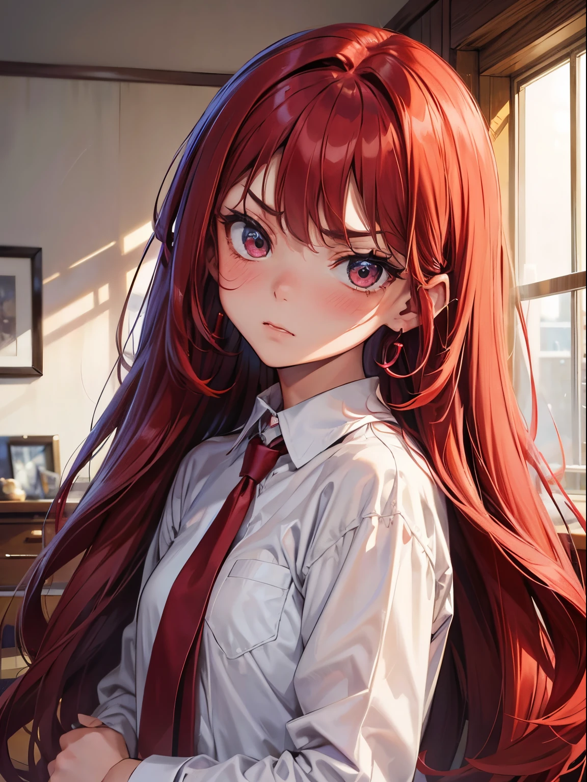 red hairs、Long hair、Bedroom、earringlushing:1.6), (sulking:1.3), Sweat on the cheekeautiful face), (Beautiful Girl), (Pretty girl), Innocent, Meet face to face clearly,white shirt、red necktie