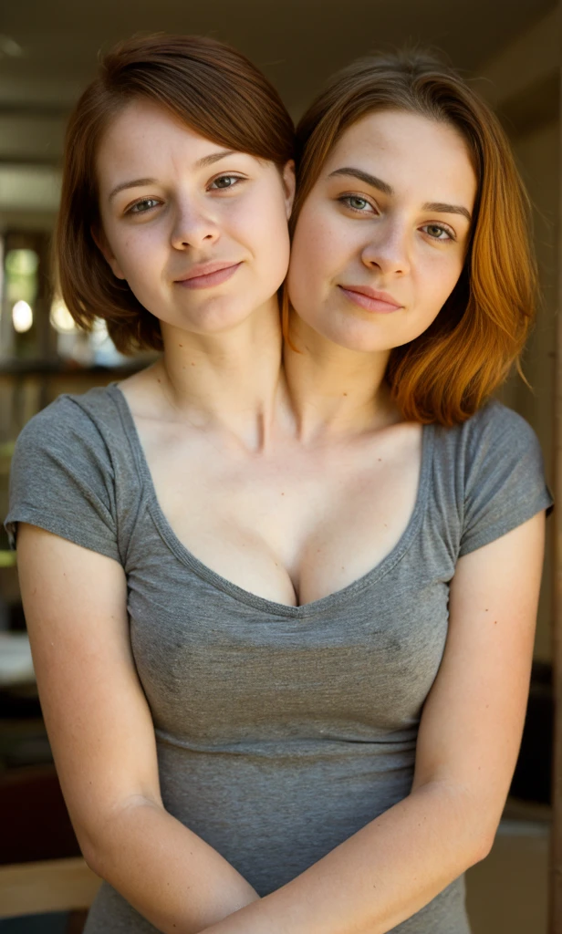 2heads, two headed girl, (a 12 year old girl and a 16 year old girl:1.5), (a redhead and a brunette:1.3), (uncomfortable and annoyed:1.2)