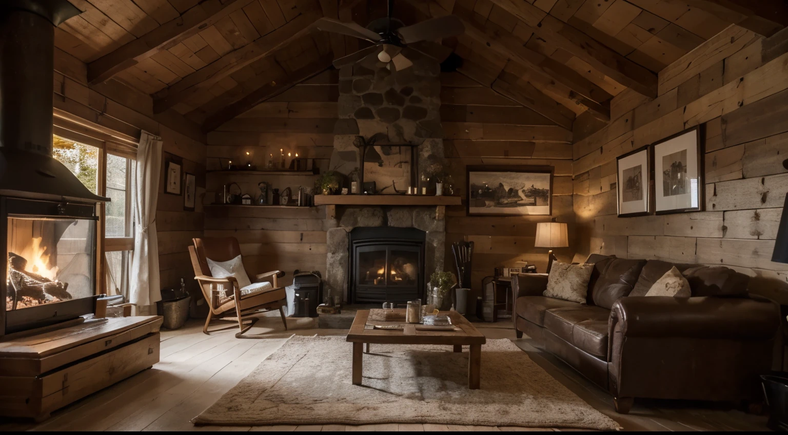 ((La mejor calidad)), ((Obra maestra)), (Detallado), Cara perfecta, sentada en el sofa frente a la chimenea, sosteniendo una taza de cafe, en una noche de invierno, living room with wooden walls and decorated like a cabin in the forest