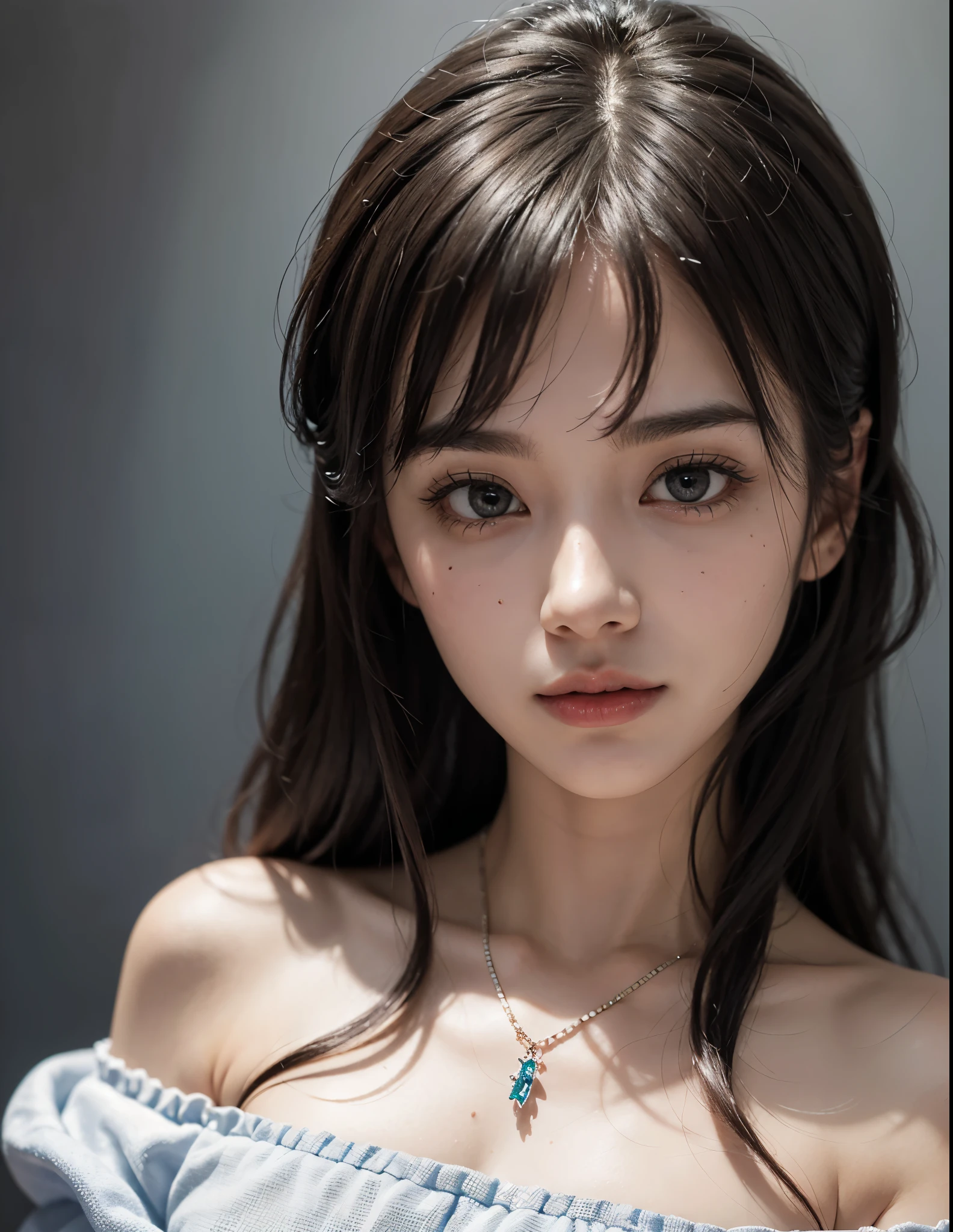 Beautiful eyes and face、An ultra-high picture quality、8K、Smart body、High Style、About 24 years old、Detailed eyes、Detailed skin、(((Crystal clear white skin)))、Off shoulder dress))、middlebreasts、((シンプルBackground))、((skin whitening))、a necklace、Beautiful collarbone、(Background: Jet black)、profetional lighting、cinemac lighting、