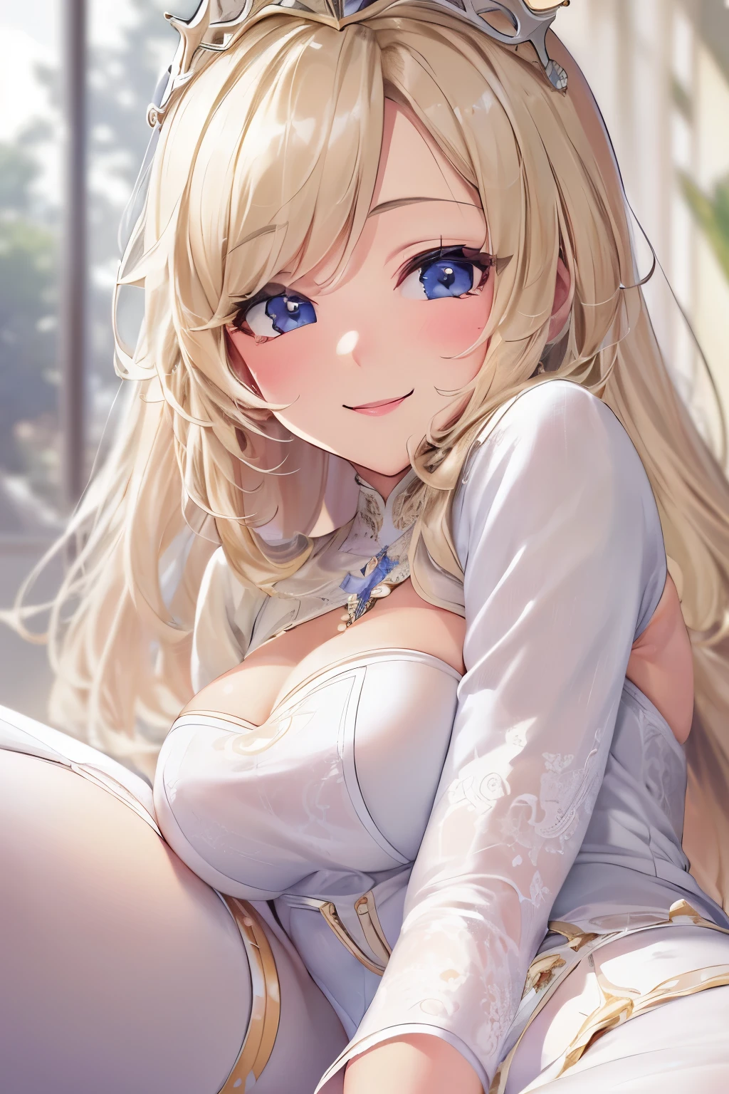 (Close Shot, Best Quality:1.5, hight resolution, nffsw, 4K, Detailed Lighting, shaded blonde straight hair, White princess dress, thighs thighs thighs thighs, Stockings, Smiling, Bedroom background, tiarra