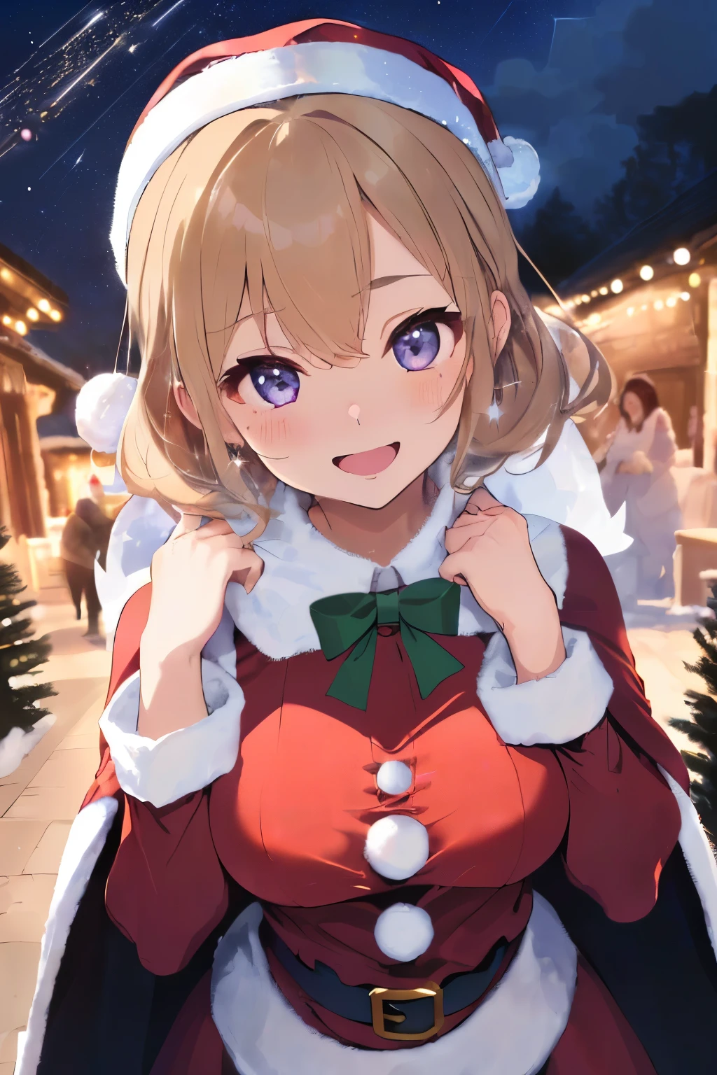 (shiny blonde hair),(Fluffy short hair with curls:1.2),(Light purple eyes),(With bangs),Slight red tide,(A happy soft smile:1.25),(Fluffy and luxurious Santa costume like a dress:1.4),(Santa costume style maid outfit:1.45),(place々clothes with lace:1.3),(Long boots with pin heels),(A night when the moon shines beautifully),(Holy Night),(Snow is piled up),(Colorful and beautiful Christmas illuminations),(Gorgeous Christmas Tree),(🎄),(They're having a good time.:1.25),(A fluffy and fluffy cape is draped over his shoulders.),(lots of christmas presents:1.3),(close up of face:1.5),(Eye size:1.7),(Inside your eyes are shining like stars:1.65),