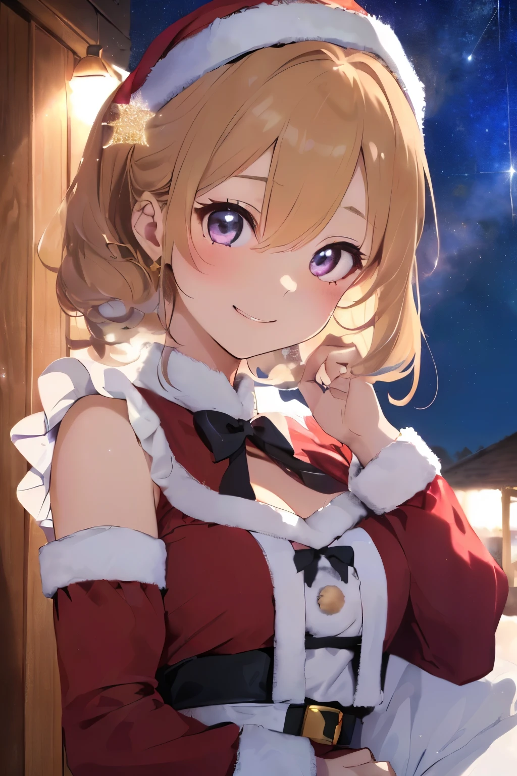 (shiny blonde hair),(Fluffy short hair with curls:1.2),(Light purple eyes),(With bangs),Slight red tide,(A happy soft smile:1.25),(Fluffy and luxurious Santa costume like a dress:1.4),(Santa costume style maid outfit:1.45),(place々clothes with lace:1.3),(Long boots with pin heels),(A night when the moon shines beautifully),(Holy Night),(Snow is piled up),(Colorful and beautiful Christmas illuminations),(Gorgeous Christmas Tree),(🎄),(They're having a good time.:1.25),(A fluffy and fluffy cape is draped over his shoulders.),(lots of christmas presents:1.3),(close up of face:1.5),(Eye size:1.7),(Inside your eyes are shining like stars:1.65),
