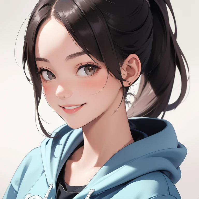 woman,age 20 years old,ponytail,smile,hoodie,portrait,(masterpiece, best quality, highres),