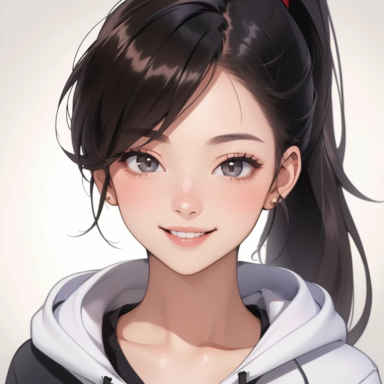 woman,age 20 years old,ponytail,smile,hoodie,portrait,(masterpiece, best quality, highres),