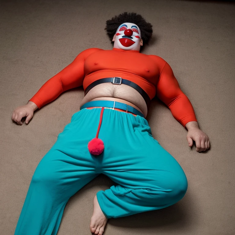 A clown man loses his belly belt and becomes so fat that he can no longer stand up.