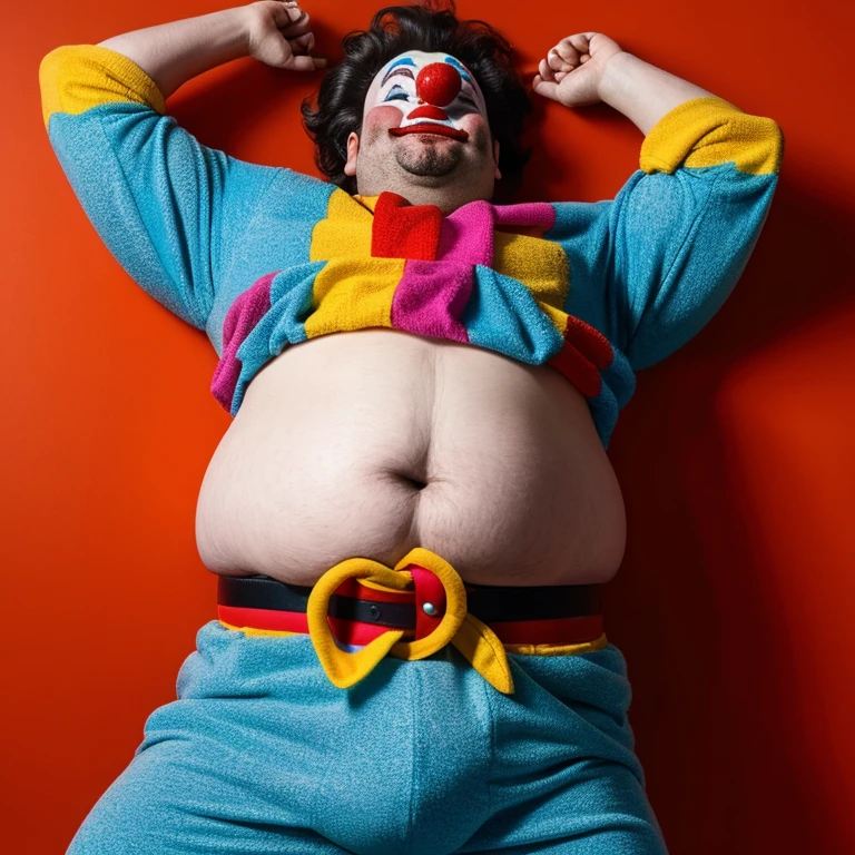 The clown man's belly has become so fat that he can no longer stand up.