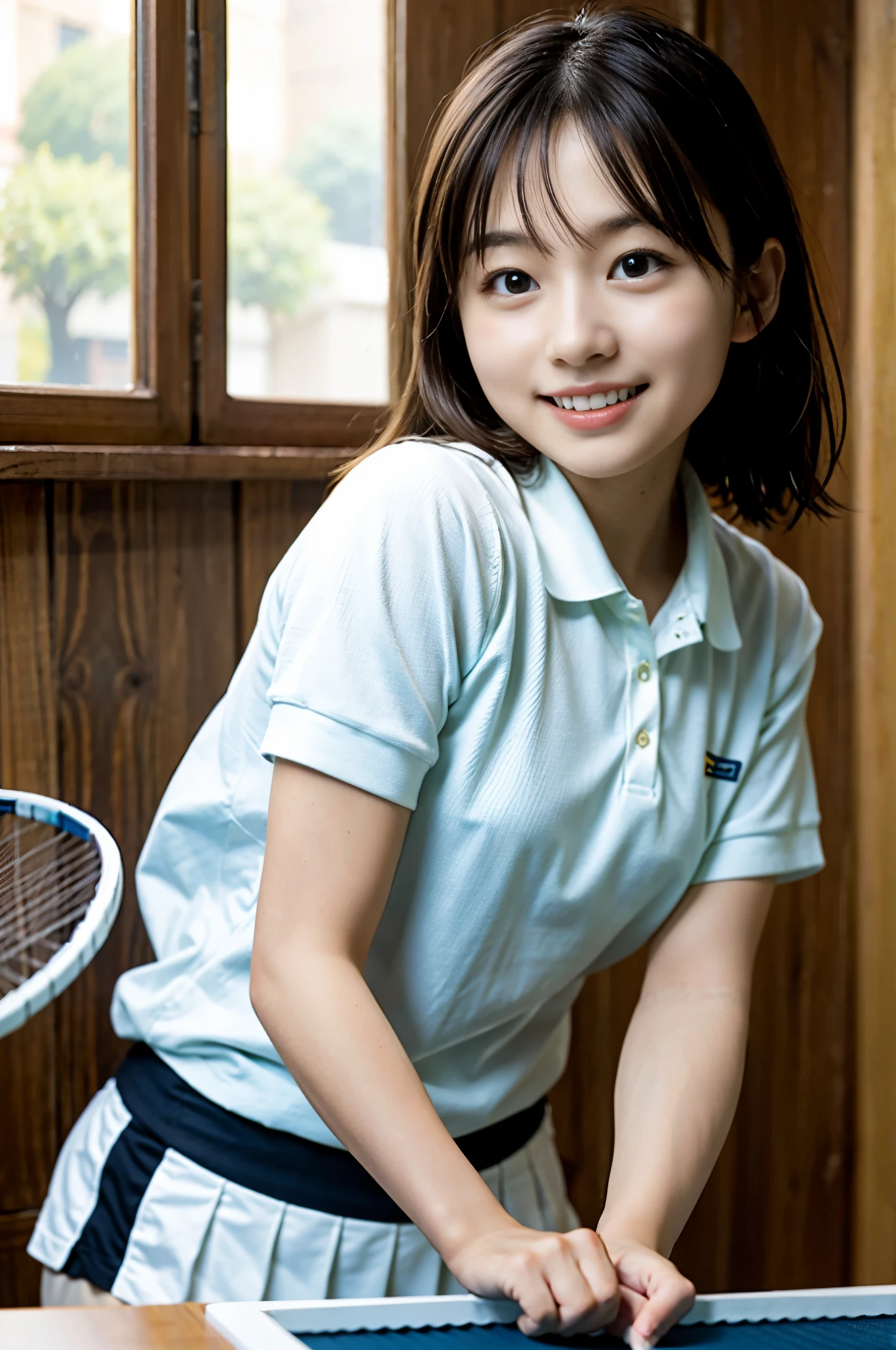 masterpiece, top-quality、Raw foto, Photorealsitic、 woman、woman playing table tennis、Have a table tennis racket、polo shirts、a miniskirt、Incredibly conveying the intensity and speed of table tennis through facial expressions、Jubilant expression at the moment of victory、depth of fields, hight resolution, ultra-detailliert, foco nítido, Cinematic lighting