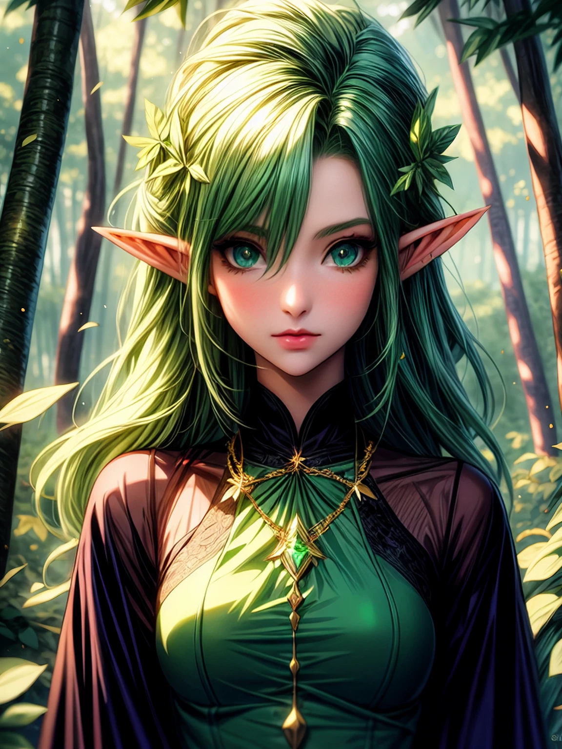 anime girl with green hair and green dress holding a leaf, elf girl, elf girl wearing an flower suit, forest fae, fey queen of the summer forest, elven, beautiful wood elf, guweiz, made of leaves, she has elf ears and gold eyes, elf princess, forest fairy, beautiful anime portrait, green flowing hair
