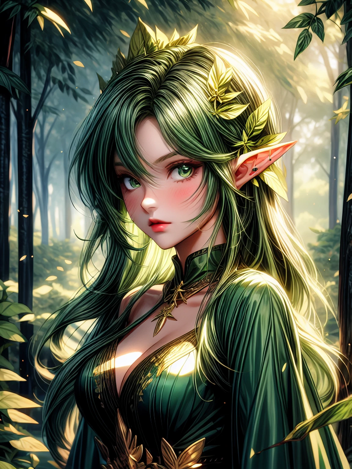 anime girl with green hair and green dress holding a leaf, elf girl, elf girl wearing an flower suit, forest fae, fey queen of the summer forest, elven, beautiful wood elf, guweiz, made of leaves, she has elf ears and gold eyes, elf princess, forest fairy, beautiful anime portrait, green flowing hair