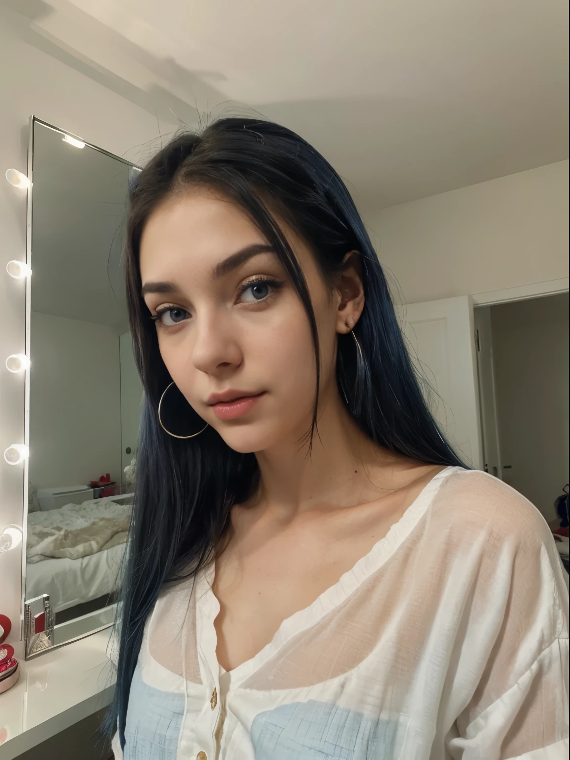 Chica gotica de pelo azul, en ropa interior morada, mostrando el trasero