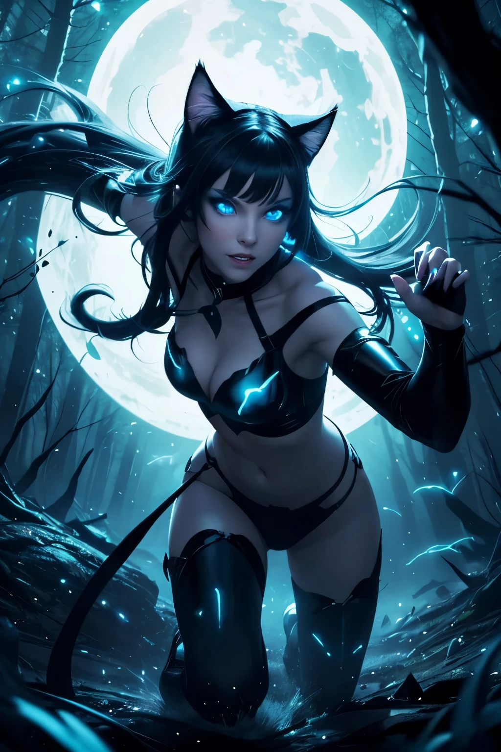 A graceful young woman with cat ears, eyes, and teeth,and with glowing blue eyes. sharp claws extended as she lunges towards the camera. Glowing particle lights flying in the wind. Bold lines. Lovely and bright forest. Art style of Arthenin.