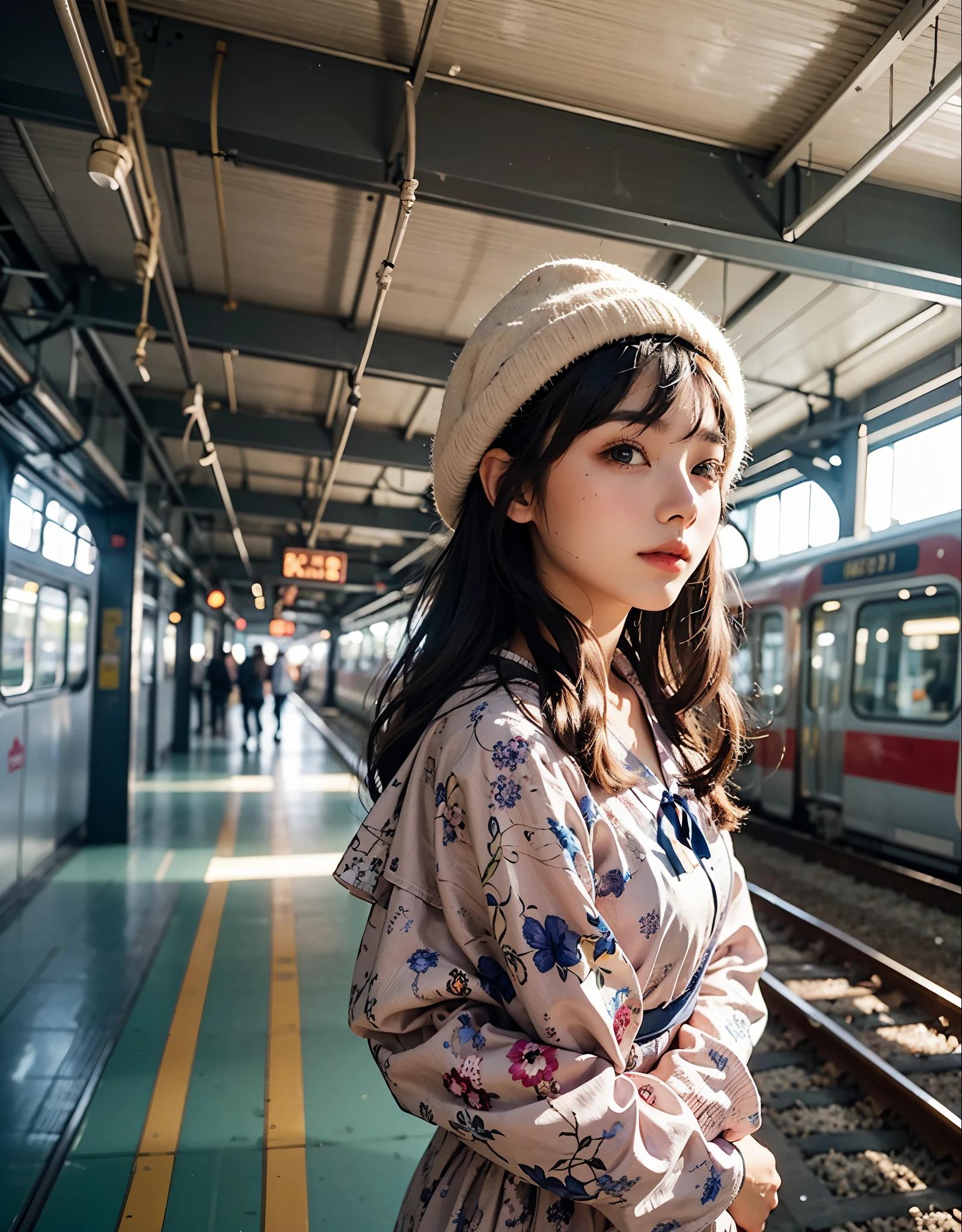 (((woman standing on the train platform)))、Train platform bound for the opposite side across the tracks、beautiful eyes and face、An ultra-high picture quality、8k、Smart Body、High Style、About 24 years old、Detailed eyes、Detailed skin、Santa Cosplay、Smiling、歯を見せてSmiling、