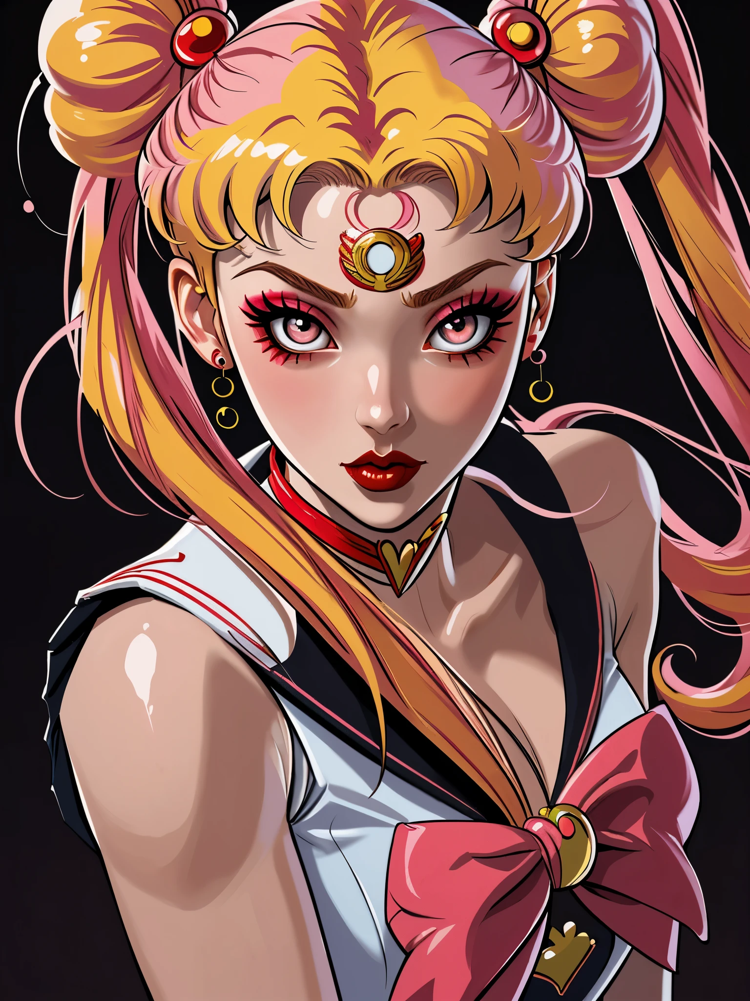 masterpiece, best quality, 1girl, gyaru, red lips, solo, blonde hair, defiant makeup, twin tails, hair buns, (sailor moon), half-cycle, correct hands, proportional fingers, detailed hands, detailed face, detailed body, multicolored pink hair, bangs, eyeshadow, hair bow, bow, lipstick, two-tone hair, black background, ultra-detailed, professional, bokeh, hentai, illustration, vivid colors, portraits, sharp focus, defiant magnificent color palette, relaxed lighting